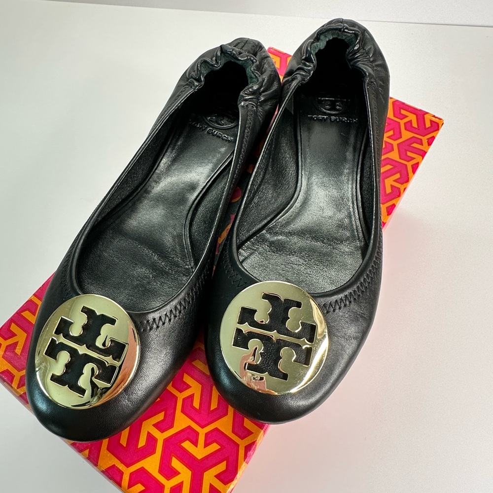Tory Burch Black Flats with Gold Logo